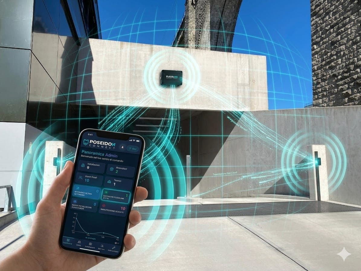 FloodLink IoT sensors communicating with Poseidon Connect app